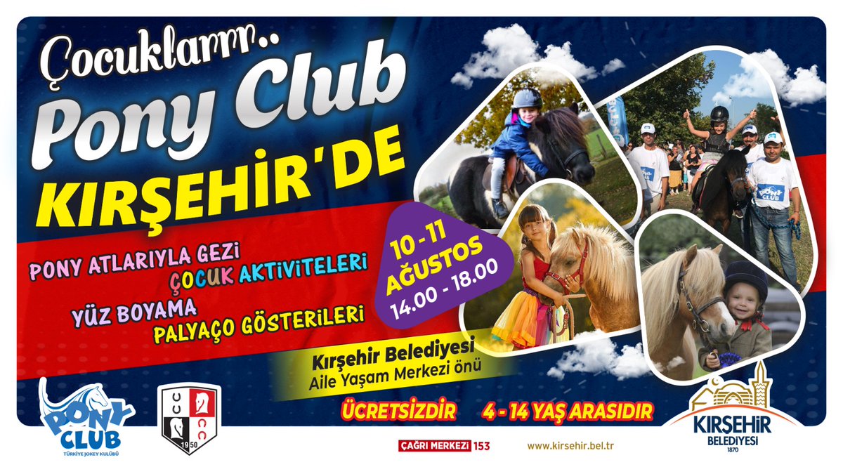 SEVGİLİ ÇOCUKLAR, BU ETKİNLİK SİZLER İÇİN, HEM DE ÜCRETSİZ.. #KırşehirBelediyesi #PonyClup #TürkiyeJokeyKulübü #Kırşehir