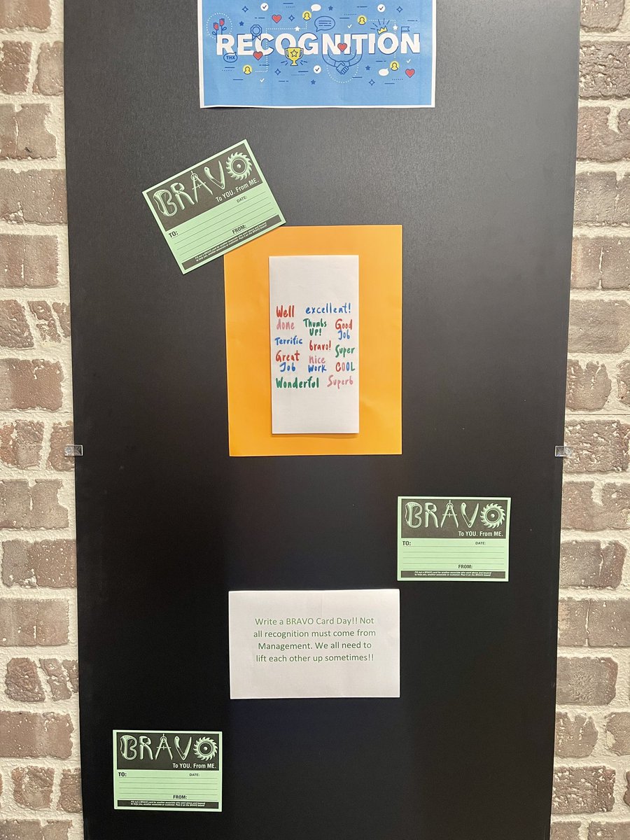 Write a Bravo Card Day!! Recognition can come from everyone not just Mgmt. We all need to lift each other up sometimes. <a href="/Kalshoop/">Kalvin Shoopman</a> <a href="/DeboGibson67/">Deborah Gibson</a> <a href="/Jason02Thomas/">Jason Thomas</a>