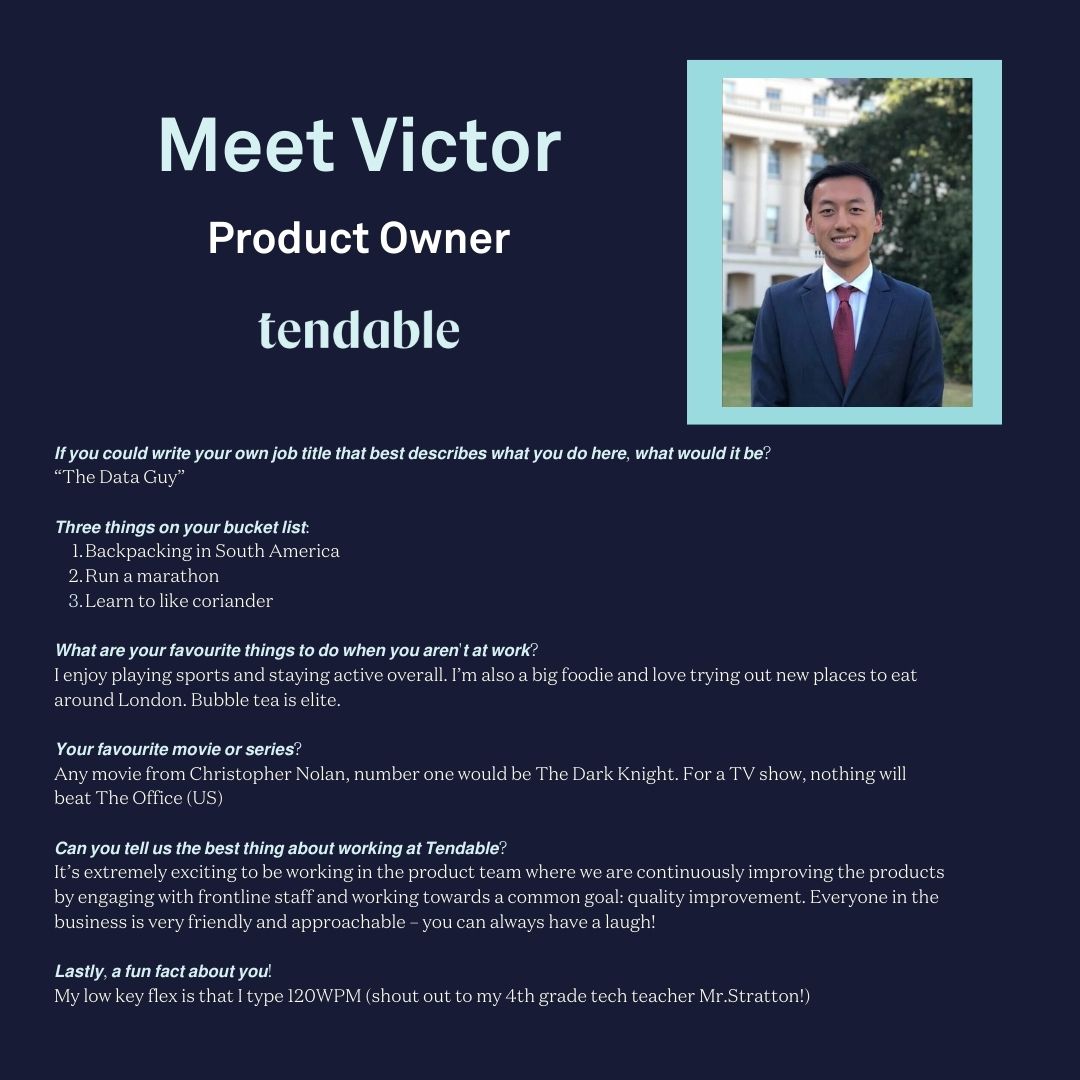 WeAreTendable's tweet photo. TEAM TENDABLE Tuesday is BACK with another team member!!

This week, we have our 'Data Guy', Victor Feng💙 

#meettheteam #teamtendable #data #tech https://t.co/BRs5cbqcBF