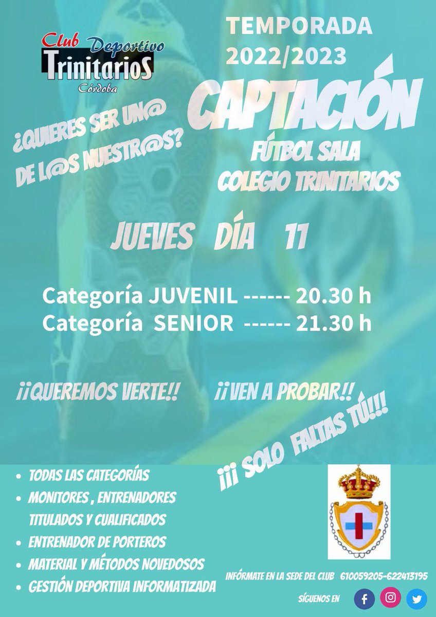 Último dia de Captación para senior, sub 23 y juvenil. 
Pronto más información acerca de la academia y la tecnificación de fútbol sala en grupos cerrados. 
Se requiere difusión, gracias!