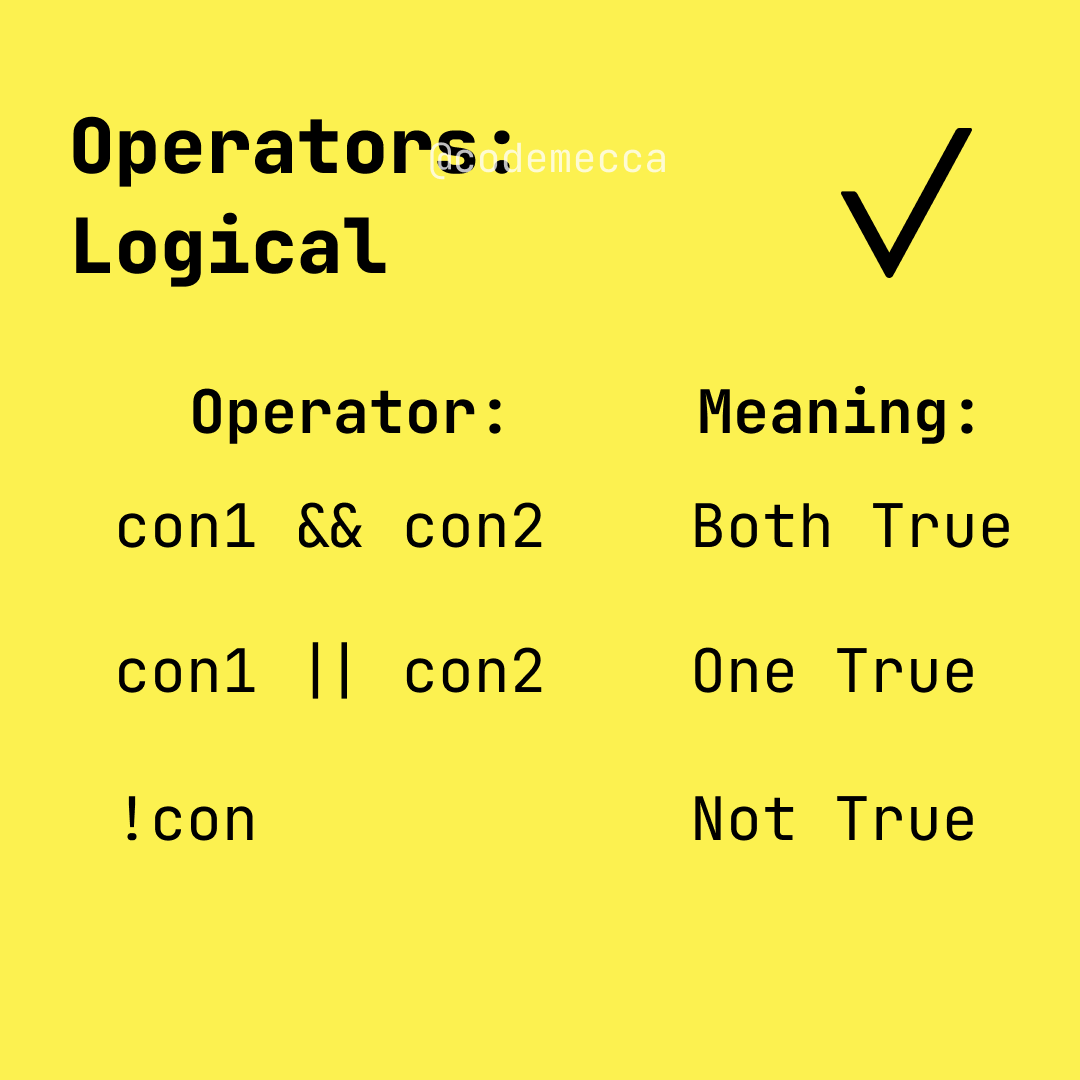 CodeMecca's tweet image. Logical operators are used when comparing two conditions.

#concept #webdevelopment #coding #programming #visualize #learning #free #basic  

Graphic by: @bernardolin0524