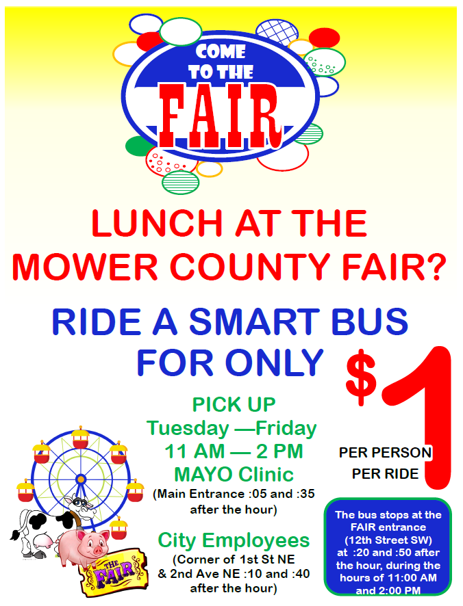 Do you want to go to the fair for lunch and get dropped off at the front gate? 
We will have pick-ups at Mayo and downtown for anyone that wants to hop on! 

#AustinMN #MowerCounty #FairFood #SMART #PublicTransit