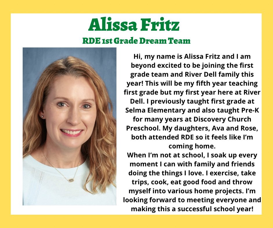 Welcome to Ms. Alissa Fritz!! Excited to have you as a part of the 1st grade Dream Team!