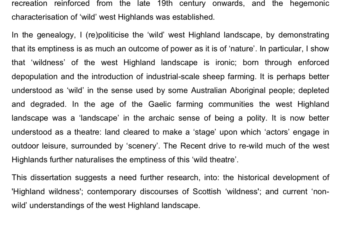 This is the abstract from the dissertation I recently completed for an MRes in human geography with <a href="/GeogBham/">Geography Birmingham</a>. I'm interested in how seemingly 'natural' landscape characterisations, such as 'wild land' are bound up with social history and power. 1/
drive.google.com/file/d/1VW4-uG…