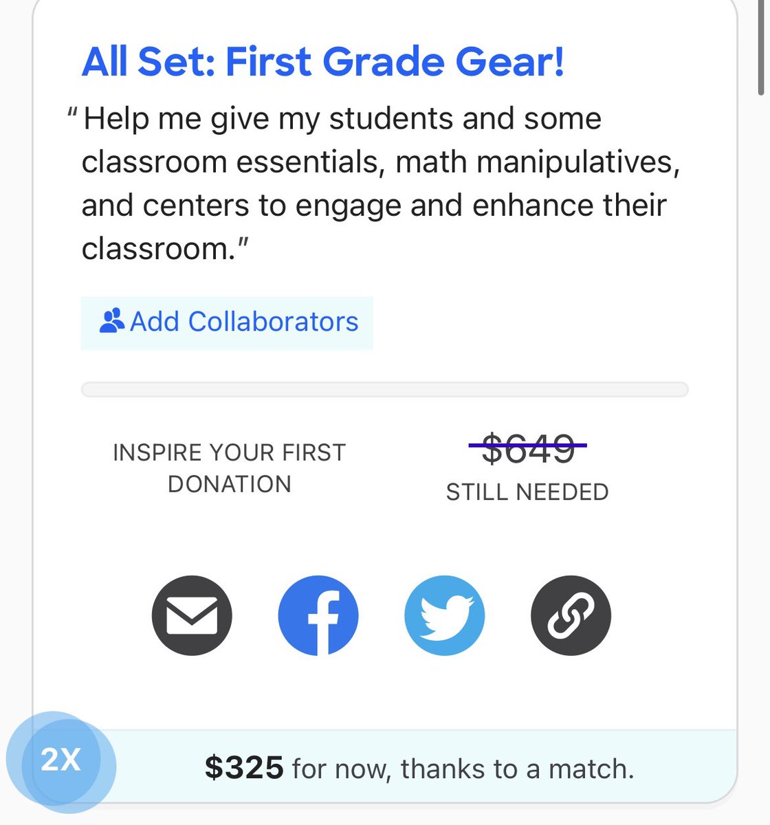 2x Match Today, only $325 Needed!! Sprinkle if you can and RT!💕TY
#teachertwitter #clearthelist #donorschoose <a href="/CarrieSchwab/">Carrie Schwab</a> <a href="/stacypalmer/">stacy palmer</a> <a href="/WendySteele/">Wendy H. Steele</a> <a href="/MarcGunther/">MarcGunther</a> <a href="/tammytumbling/">Tammy Tumbling</a> @yurivanetik <a href="/NellaWebster/">Nella Webster</a> <a href="/ErikWexler2/">Erik Wexler, Father, Partner, Friend, Manager</a> <a href="/craignewmark/">craig newmark</a> <a href="/notbatmanyet/">Sam</a> donorschoose.org/project/all-se… 20776842