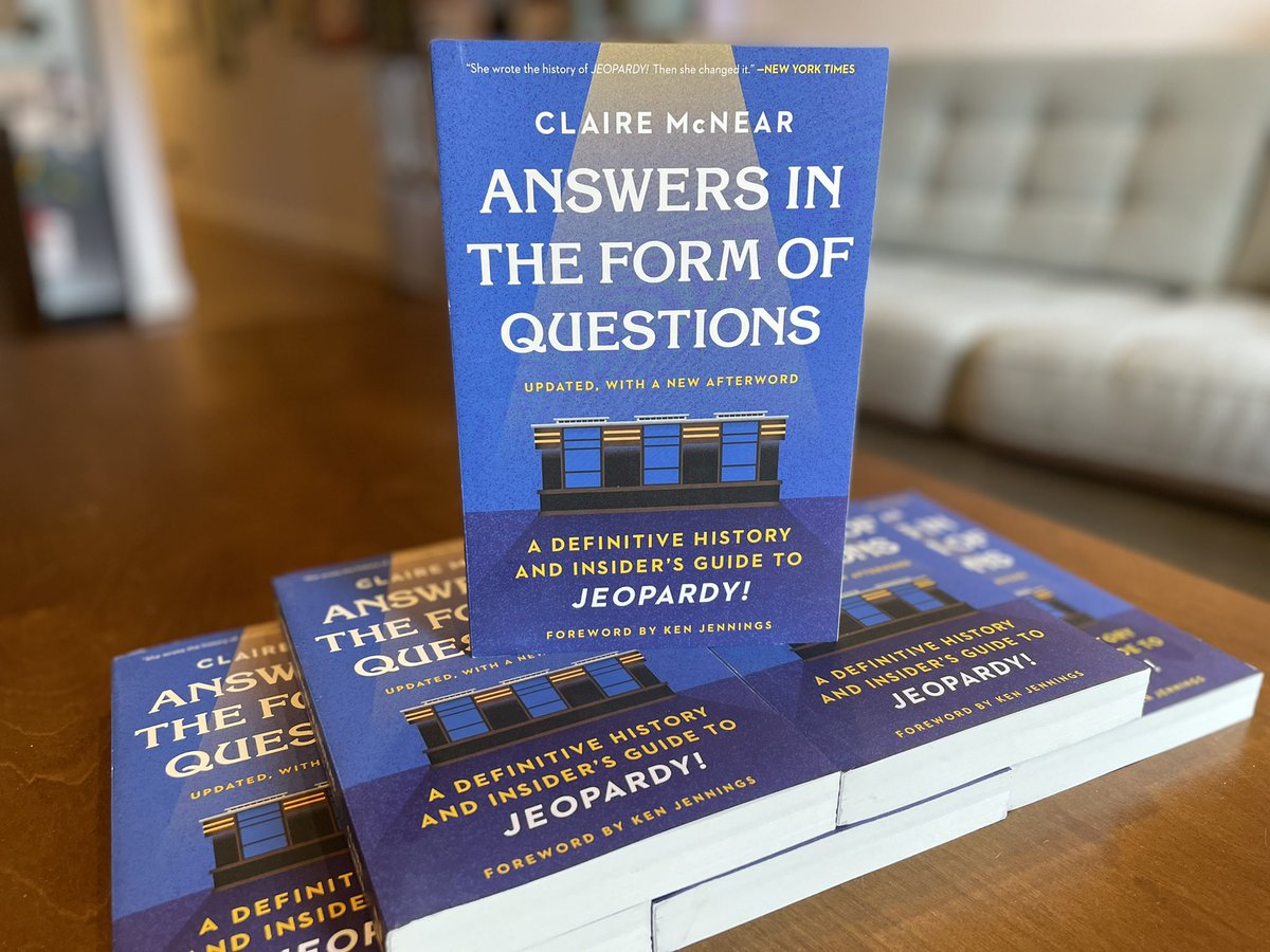 the new edition of Answers in the Form of Questions comes out in ONE WEEK! -it has a brand new afterword about what the show refers to as 'the awkward months,” aka the Mike Richards months -many many updates throughout -paperback, so more copies will fit in duffel bags for bribes