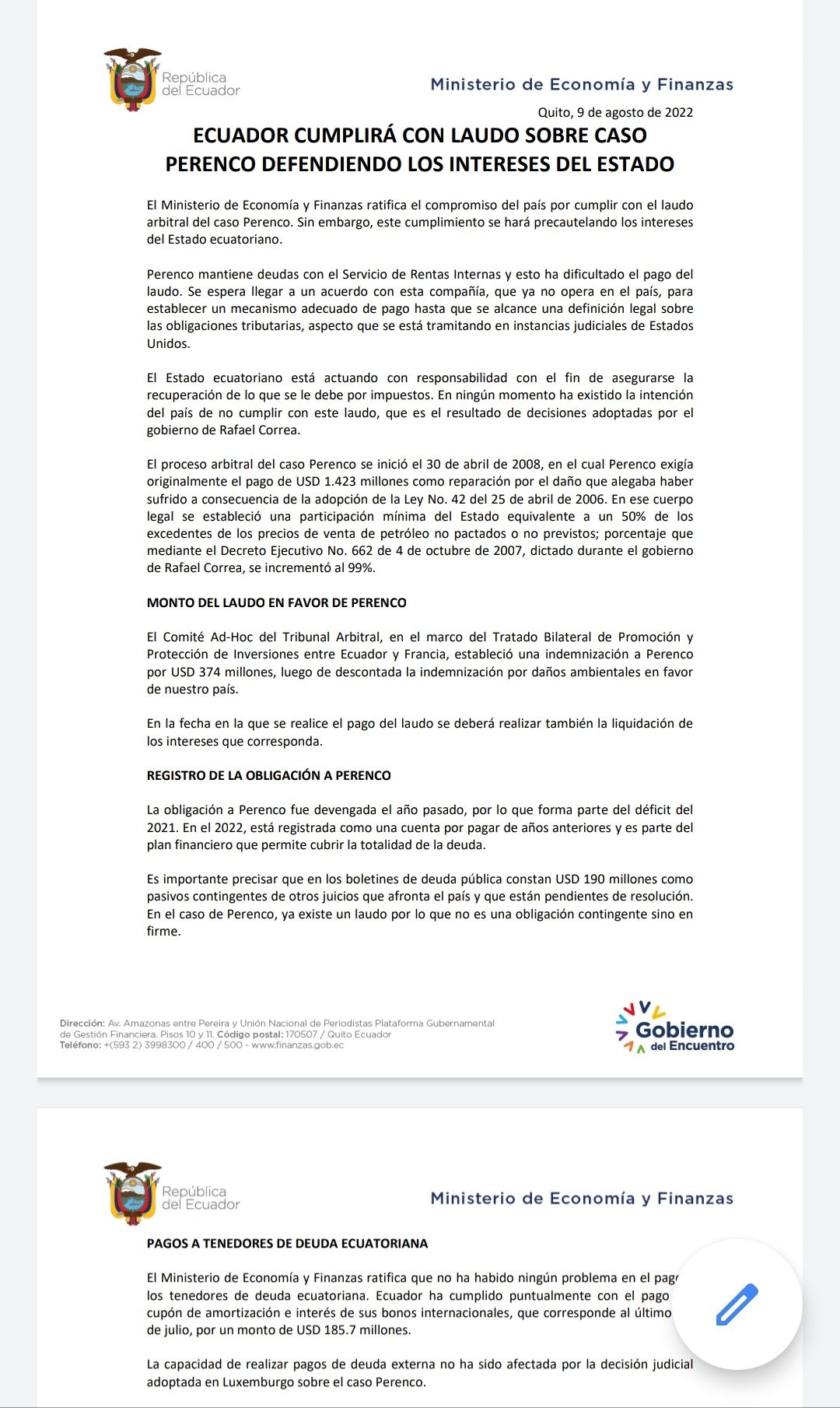 Digital on Twitter: "#AHORA | El ministerio de @FinanzasEc ratifica que #Ecuador cumplirá con el pago de la indemnización a Perenco por USD 374 millones, como parte del a favor