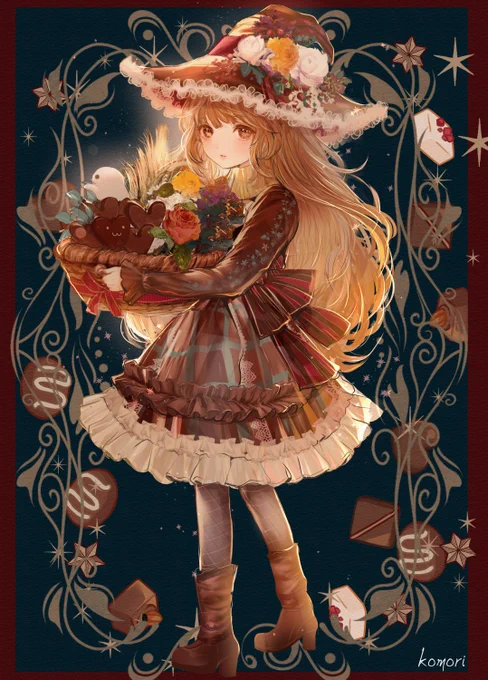 ハートの日ということで、魔女からの籠いっぱいのハートチョコレートのプレゼントイラスト再掲です#ハートの日  #イラスト基地#絵柄が好みって人がいたらいいなぁ 