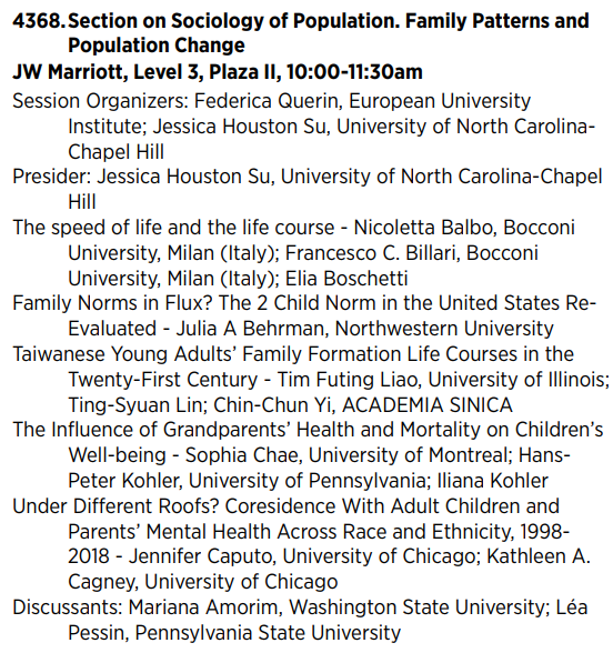 jesshoustonsu's tweet photo. Join us for our session on Family Patterns and Population Change at 10am PST. Featuring work by @sissinicobalbo @FCBillari &amp; Elia Boschetti, Julia Behrman, Tim Futing Liao @TingSyuanLin2 &amp; Chin-Chun Yi, @sophiaychae @HansPKohler &amp; @IlianaKohler, Jennifer Caputo &amp; Kathleen Cagney https://t.co/SAwYTNmexU