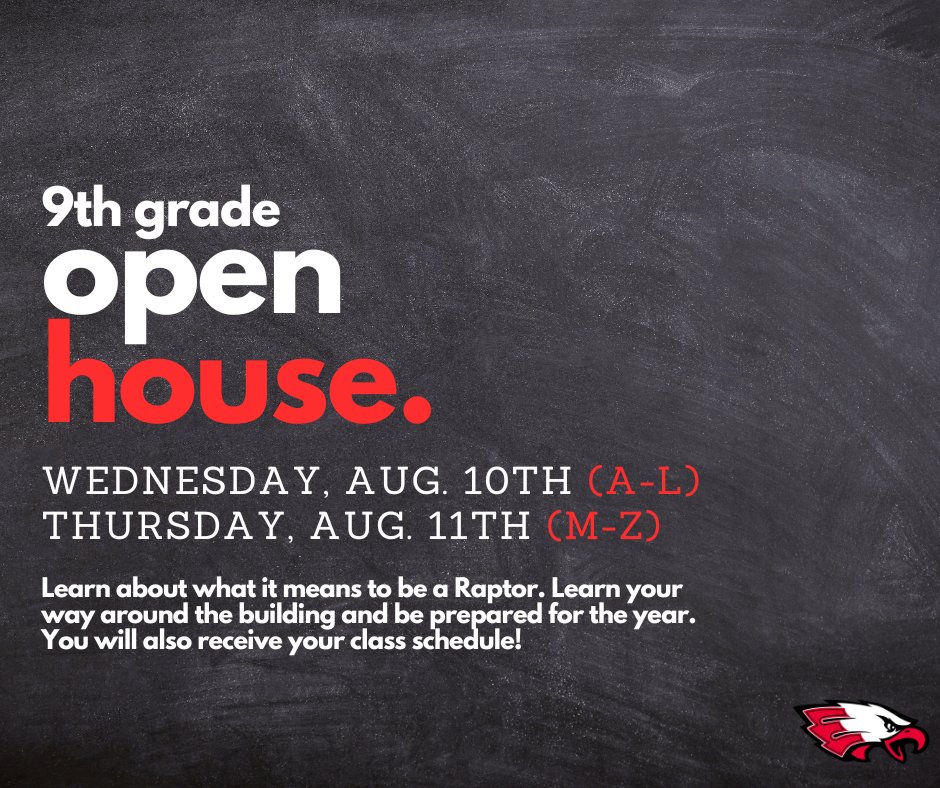 We look forward to meeting our ninth-grade families this week! Students with last names A-L will be on Aug. 10th and M-Z should come on Aug. 11th at 6:30 p.m.  Learn about the Raptor experience, tour the building, and receive your class schedule!