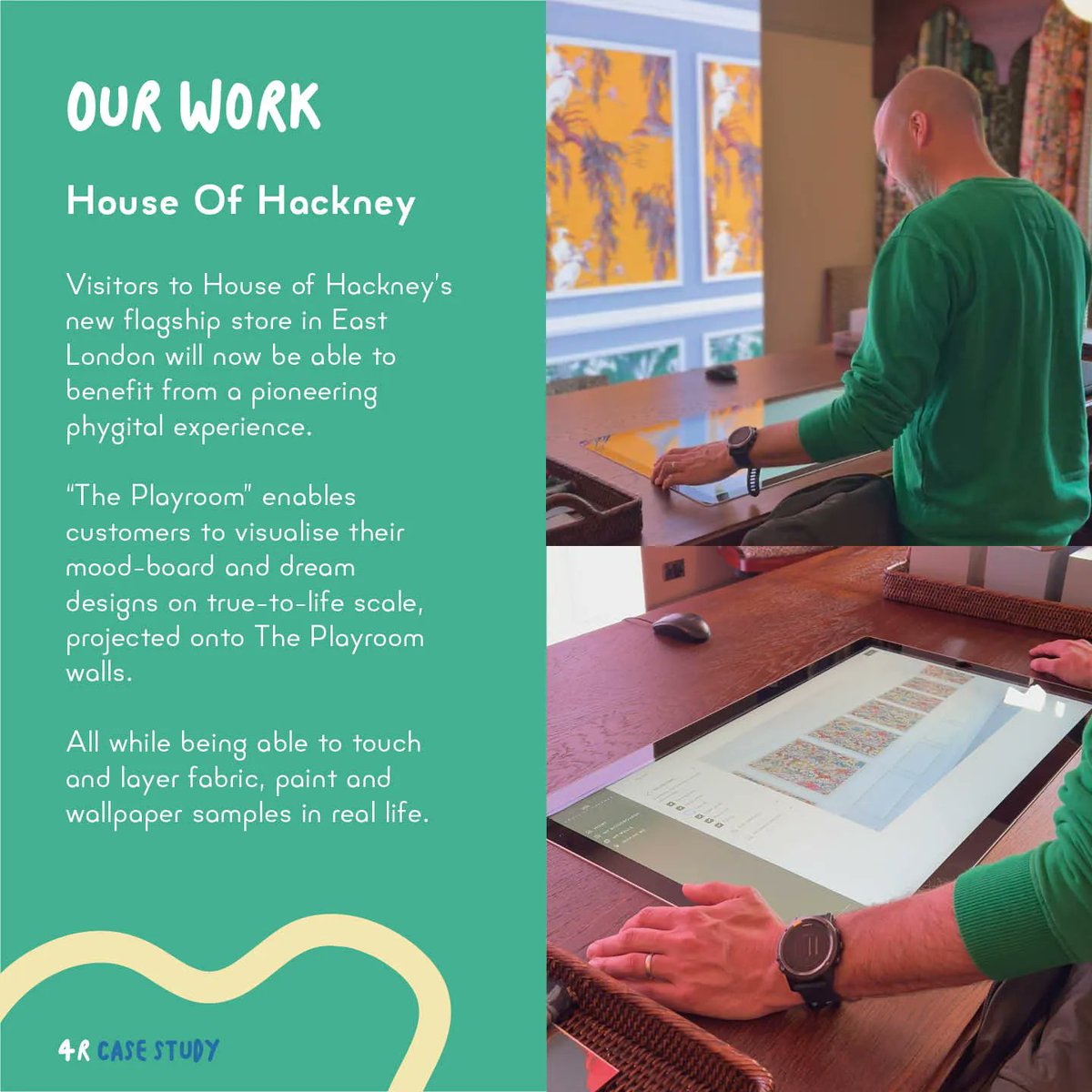 4Roads's tweet photo. We're delighted to work with the House Of Hackney to create an immersive experience at their flagship London store.

Customers can visualise dream designs on true scale on The Playroom walls. All while being able to touch and layer samples in real life.

#immersive #retail #CX https://t.co/dXNBlvT0UC