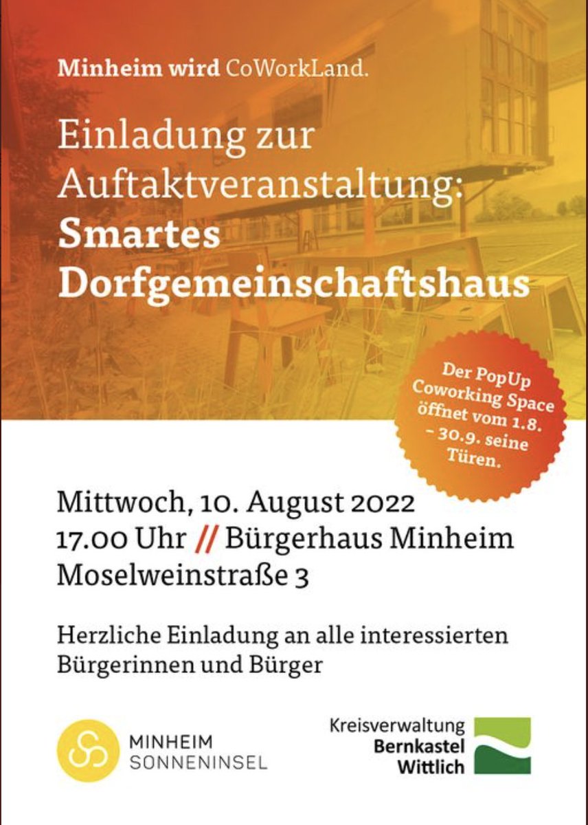 ubaehr's tweet photo. Morgen geht es aus der smarten @KielRegion nach #bernkastel #wittlich - in #Minheim starten wir die Pop-Up-Coworking-Testphase des dortigen @SLRegionen -Projekt! 
Wer Lust hat komme vorbei, 18:00! https://t.co/oRxh72isuV