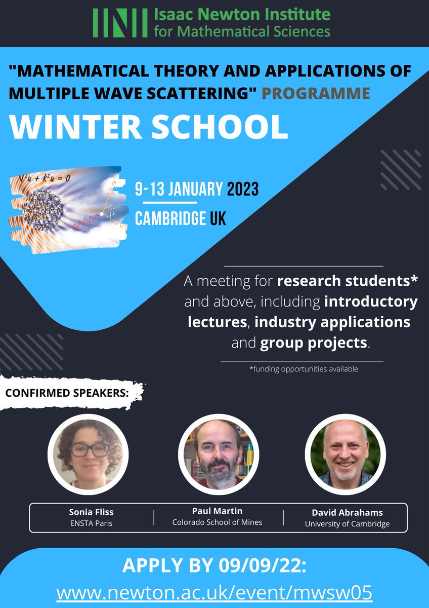 NewtonInstitute's tweet photo. 🚨 Calling all early career researchers in the field of multiple wave scattering! 🚨 ➡️ https://t.co/EhcDv4Cllp #NewtonMWS2023 #maths #wavescattering #research #workshop https://t.co/s4jXelwTND