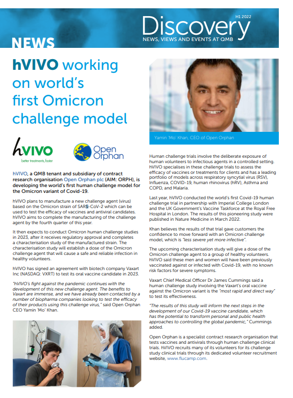 The world's first human challenge model for the Omicron variant of Covid-19#Hvivo#QMB