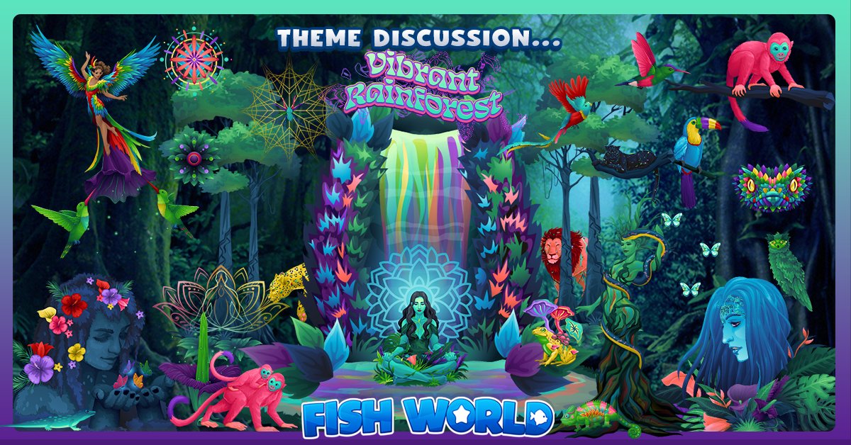 FishWorldGame's tweet image. We're excited to turn up the colours &amp;amp; surrealism as we head into our "Vibrant Rainforest" theme.🎨

Intriguing fantasy characters &amp;amp; animals light up this, jewel-toned night 💚

Come make art with us!🤗
#art #game #fun #artist #creative #animals #rainforest