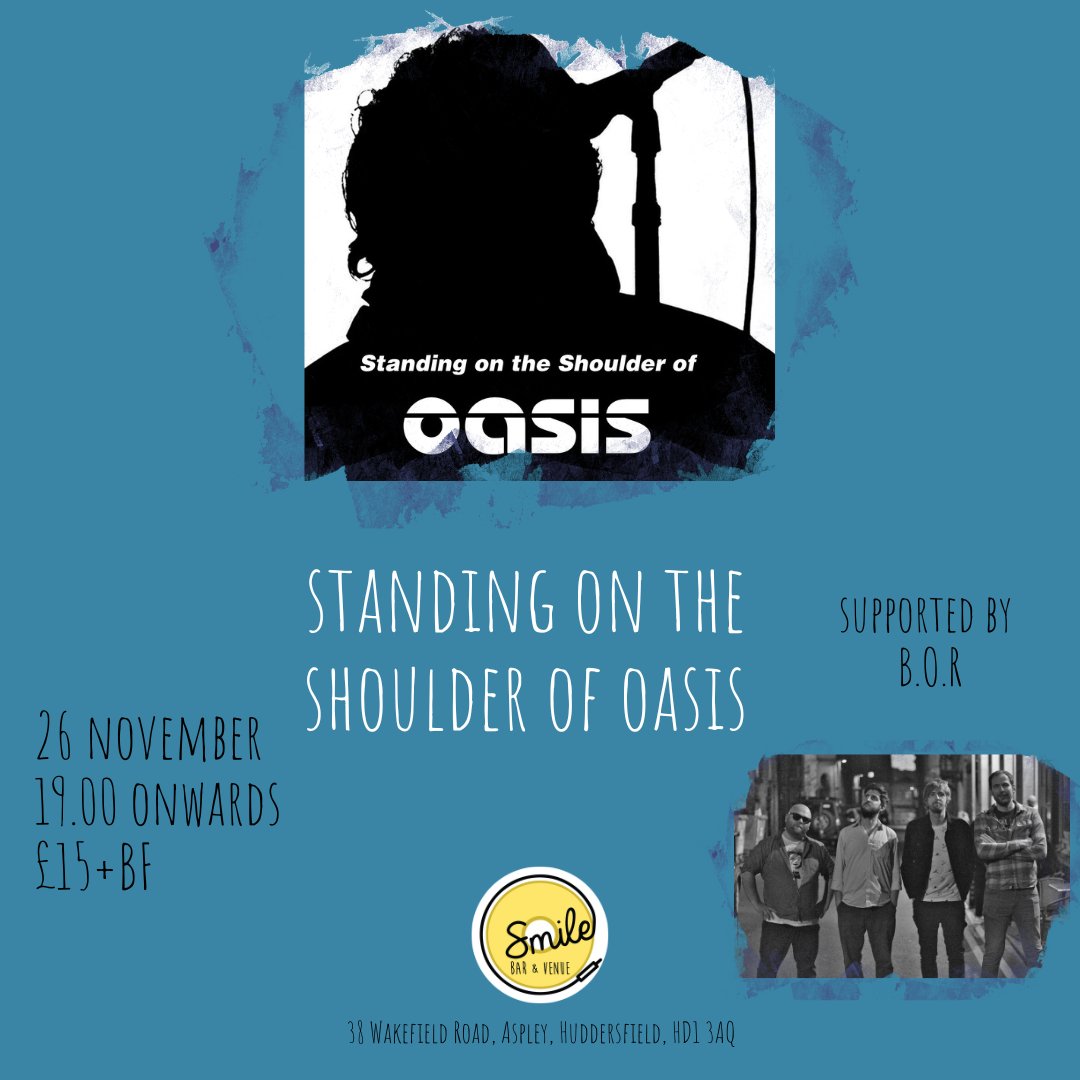 Standing On The Shoulder Of Oasis

Playing numerous dates across the Northwest of England, they gathered a reputation and kudos as one of the most accurate and respectful tributes to the live sound of Oasis.

Supported by B.O.R 

A 4-piece indie rock band from Yorkshire!