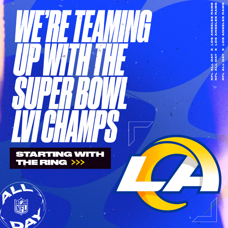 NFLALLDAY's tweet photo. We’re excited to announce our first season-long partnership with an NFL franchise…

On Thursday, the @RamsNFL are bringing their Super Bowl LVI Rings to #NFLALLDAY! 💍

Throughout the season, we’ll also be teaming up with them on custom content around top Moments. Read more ⬇️