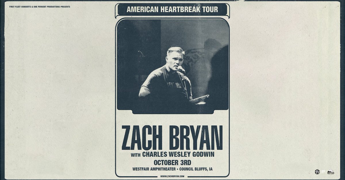 Just Announced! Oklahoma singer-songwriter <a href="/zachlanebryan/">Zach Bryan</a> will be performing at Westfair Amphitheater with special guest <a href="/CharlesWesleyG/">Charles Wesley Godwin</a> in Council Bluffs, Iowa on October 3rd! 🌟

Tickets on sale Friday, August 12th at 10:00 AM // axs.com/events/443668/