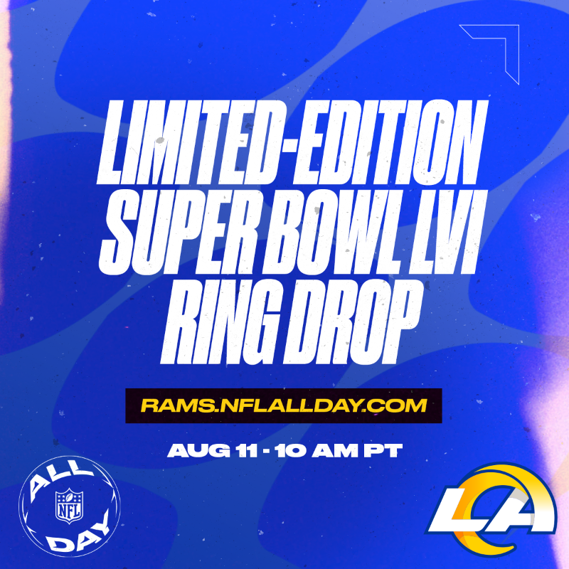 NFLALLDAY's tweet photo. We’re excited to announce our first season-long partnership with an NFL franchise…

On Thursday, the @RamsNFL are bringing their Super Bowl LVI Rings to #NFLALLDAY! 💍

Throughout the season, we’ll also be teaming up with them on custom content around top Moments. Read more ⬇️