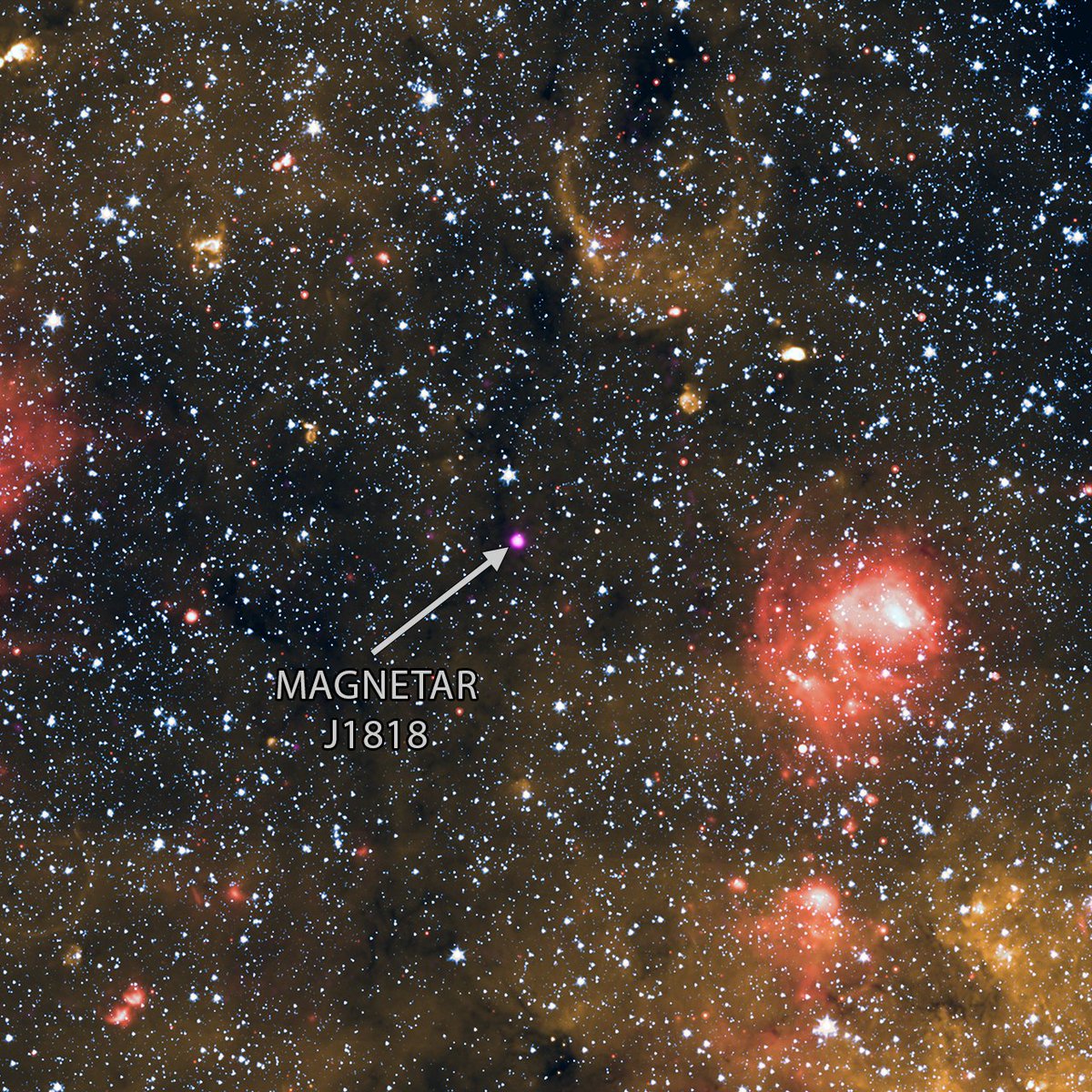 Chandra Observatory (@chandraxray) on Twitter photo The tiny pink dot in the center of this image is a magnetar — a type of neutron star with the most powerful magnetic fields in the Universe. If a magnetar was located a sixth of the way to the Moon (~64,000 km), it would wipe the data from all of the credit cards on Earth! (1/2) The tiny pink dot in the center of this image is a magnetar — a type of neutron star with the most powerful magnetic fields in the Universe. If a magnetar was located a sixth of the way to the Moon (~64,000 km), it would wipe the data from all of the credit cards on Earth! (1/2)