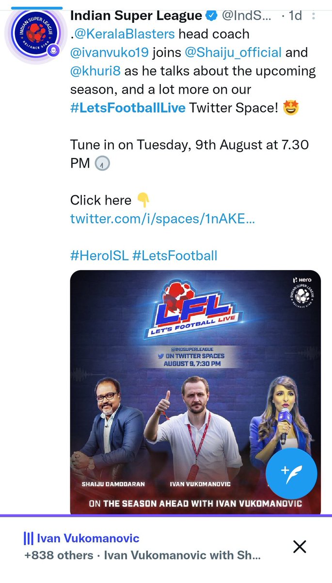 Around 800 fans tuned into #LetsFootballLive ..( probably the highest number for ISL twitter space 👀)

Thank you @IndSuperLeague for hosting twitter space for us 💛