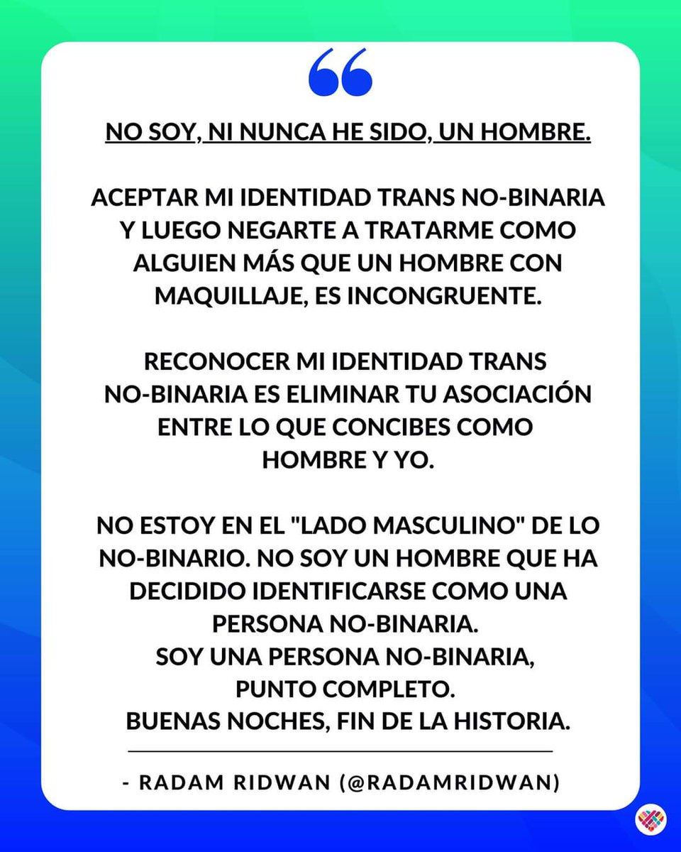 GuidoAstolfi's tweet photo. No soy, ni nunca he sido un hombre: soy una persona no binaria.
🖤💜🤍💛 🏳️⚧️
#NoBinarie #NoBinario #OrgulloNoBinario #OrgulloNB #NB https://t.co/ZX3qxHVDik