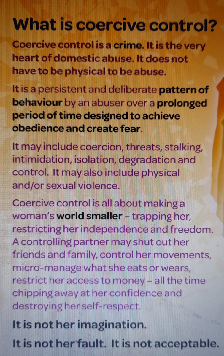 Some people we've worked with lately say they've heard the term coercive control but don't know what it means.  This is from <a href="/SAFEIreland/">Safe Ireland National Social Change Agency CLG</a> brilliant website. And they sum it up so well. Have a look, if you are also wondering. 

#DomesticAbuse #CoerciveControl