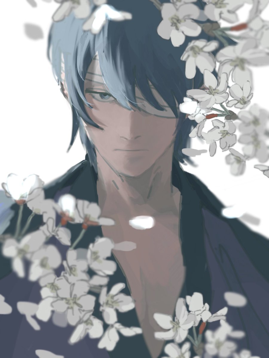 1boy solo male focus flower white background japanese clothes blue hair  illustration images