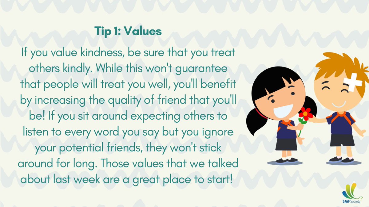 SAIFSociety's tweet photo. Be the values that you're looking for! If you value kindness, be sure that you treat others kindly. While it won't guarantee that people will treat you well, you'll benefit by increasing the quality of friend you can be! ⭐️ #HealthyFriendships #BeingAGoodFriend https://t.co/n70XgjIhCQ