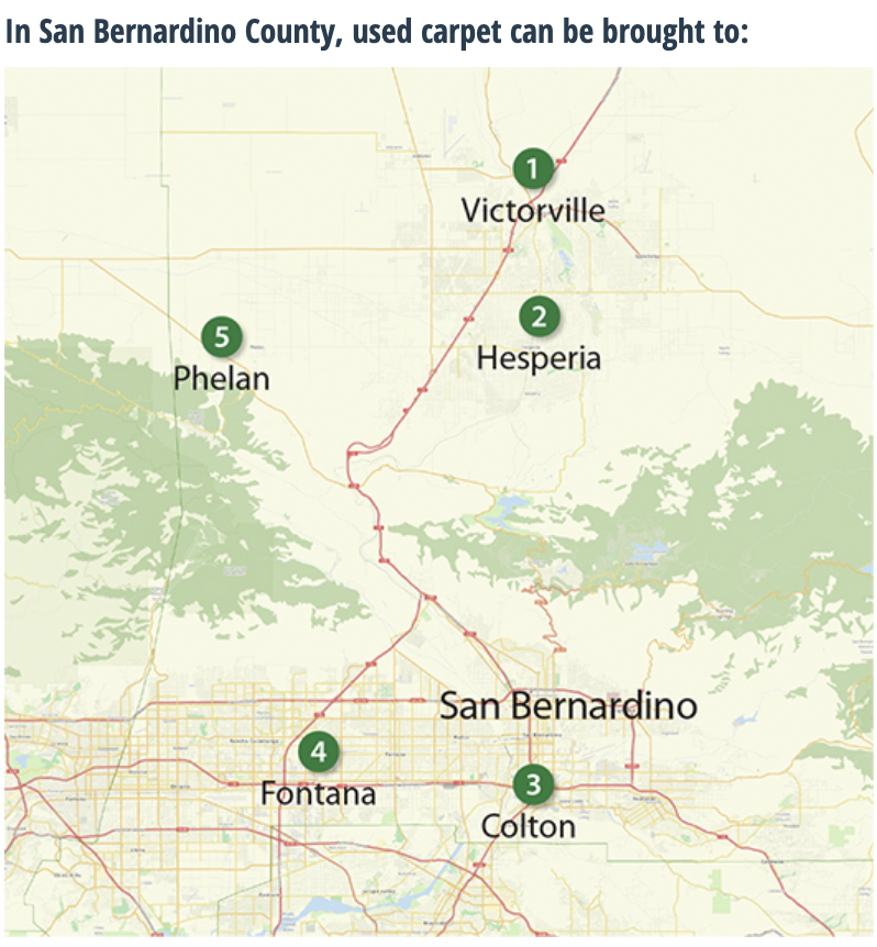 In #SanBernardino County, used #carpet can be brought for #recycling to 5 drop-off sites:
carpetrecovery.org/sanbernardino/