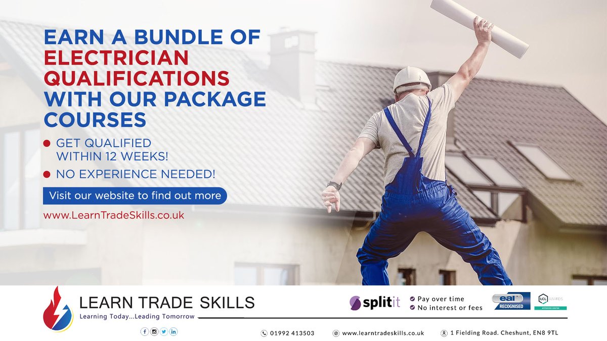 LearnTradeSkill's tweet image. #LearnTradeSkills
Earn a bundle of #ElectricalQualifications on our package courses. 

Find out more by visiting our website: learntradeskills.co.uk/product-catego… 

#Electricaltraining #Electrician #Broxbourne #Hertfordshireelectricians #Cheshunt
