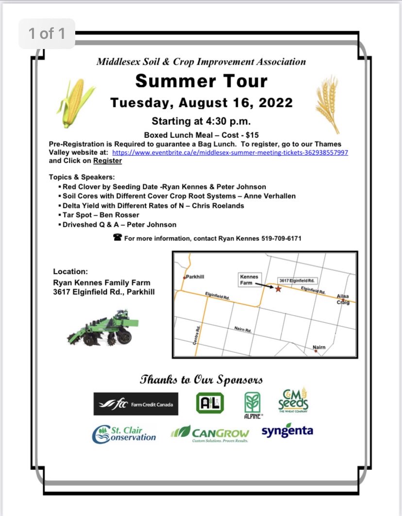 Be sure to register and come on out for this year’s MSCIA summer tour, being hosted at my place next Tuesday! ⁦<a href="/OntarioSoilCrop/">Ontario Soil & Crop</a>⁩ ⁦<a href="/WheatPete/">Peter Johnson</a>⁩ ⁦⁩ ⁦<a href="/Hilroyis/">Chris Roelands</a>⁩ ⁦<a href="/Anne_Verhallen/">Anne Verhallen</a>⁩