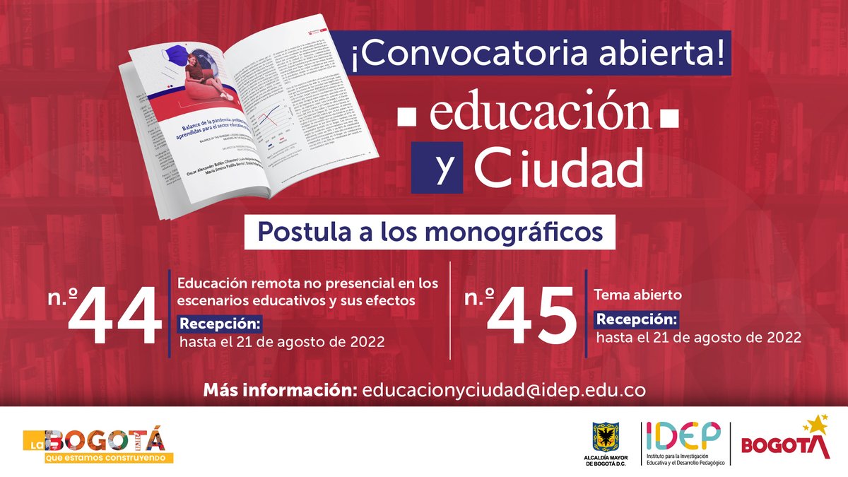 🤔¿Cuáles fueron los efectos de la educación remota no presencial?

¿Hay otros temas educativos, pedagógicos o didácticos que también hayas trabajado? 🧐

En #EducaciónYCiudad recibimos tus artículos hasta el 21 de agosto.

¡Participa! bit.ly/Convocatoria44…