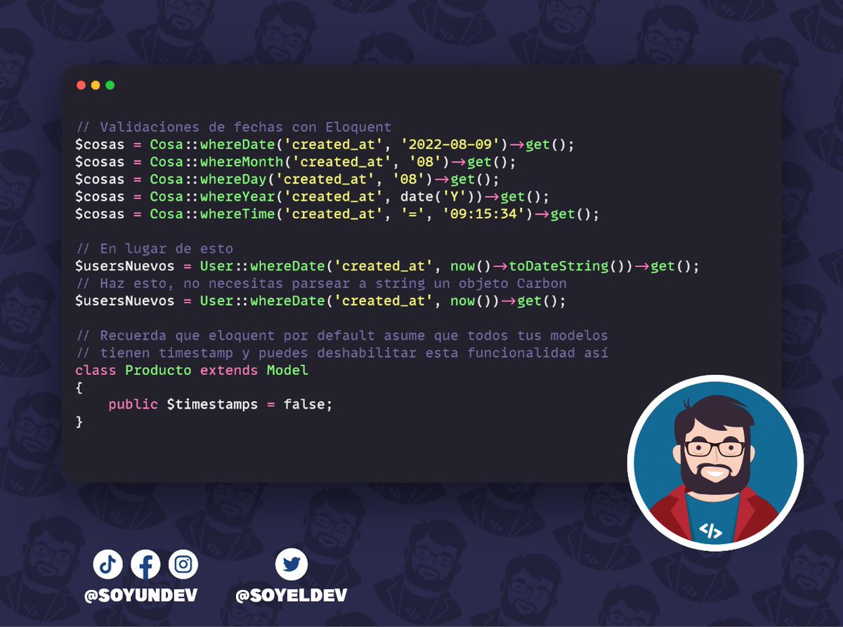 soyeldev's tweet image. ¡Tips para ser un ninja Laravel! 🐱‍💻🐱‍👤
¡Algunos tips para tus fechas con eloquent!

#dev #laravel #eloquent #tips #tricks
