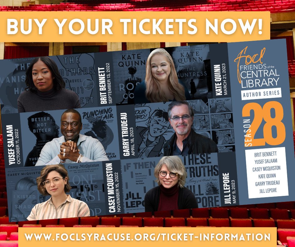 FOCLCNY's tweet photo. It's time!! Individual tickets for the 28th Season of the FOCL Author Series are now on sale. Join us for a single author, or join us for several! Tickets are affordable and make great gifts (it's never to early to start thinking about the holidays 😉) https://t.co/6ufjppi3KX https://t.co/tMbz6kEcv0