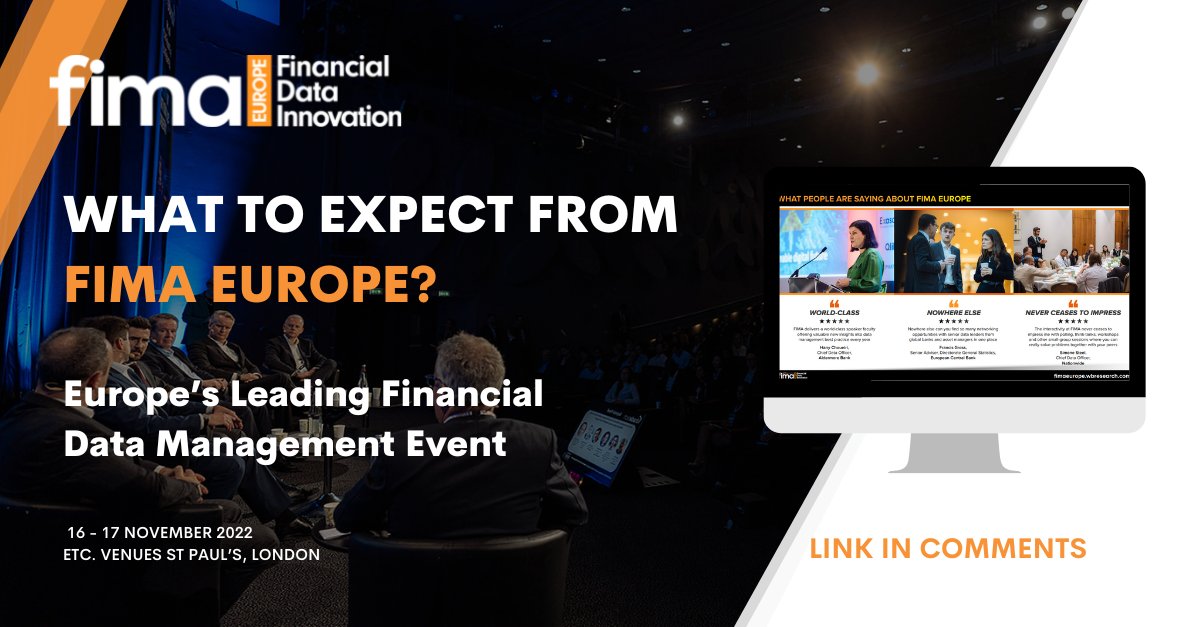 FIMA is back 🥁
Join us and spend the 2 days at #FIMA learning from and networking with CDOs and data leadership teams from Europe’s top #investment banks and asset managers. 
Download agenda: bit.ly/3A6FgyY