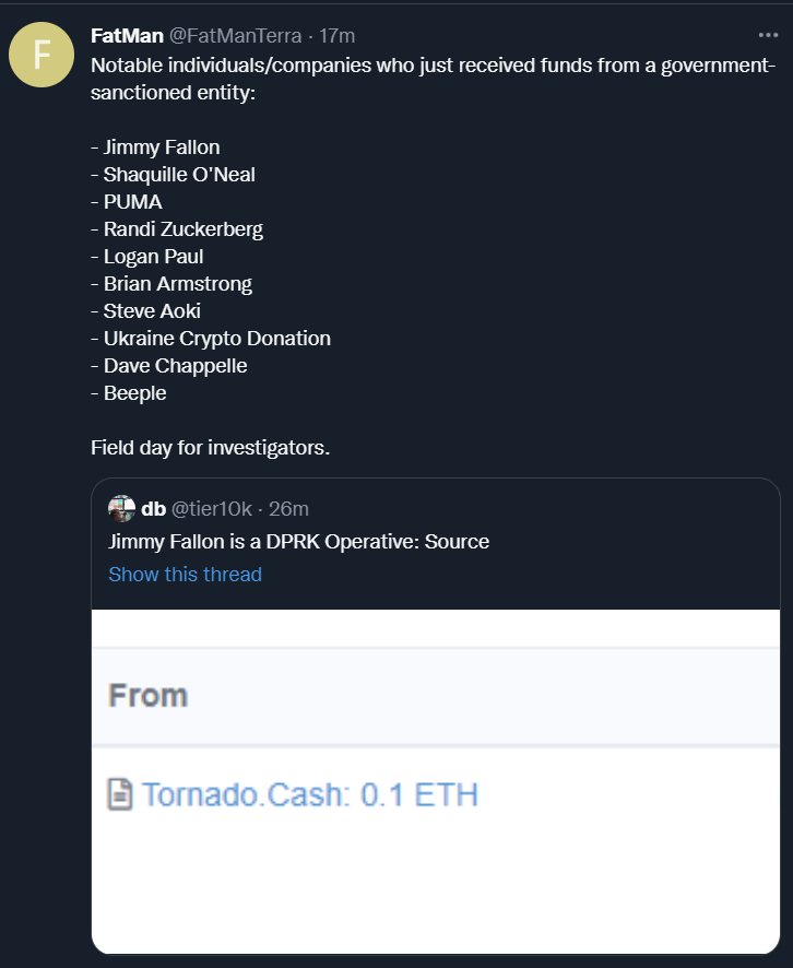 Someone is moving tainted #ETH from Tornado Cash banned addresses/protocol to people that enforced the ban like <a href="/coinbase/">Coinbase 🛡️</a> CEO Brian Armstrong.

This is escalating quickly.