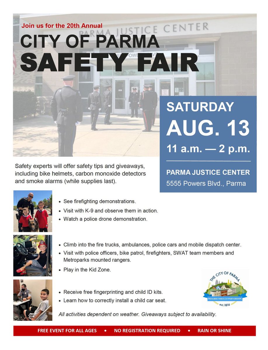 The City of Parma is hosting their annual Safety Fair this Saturday at 11 a.m.! Stop by the Parma Schools table!