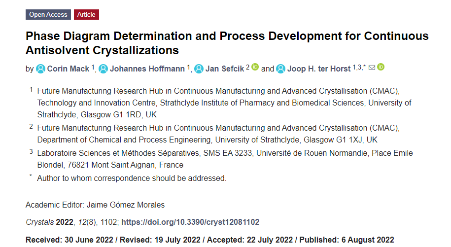 StrathclydeOA's tweet photo. Phase diagram determination and process development for continuous antisolvent crystallizations
https://t.co/SYhbiuhiho #OpenAccess #crystallization #antisolvent #crystals #solvents #ChemicalEngineering @SIPBS_Strath @SIPBS_Research @Strath_ChemEng @JoopterHorst https://t.co/jV4738qxMp