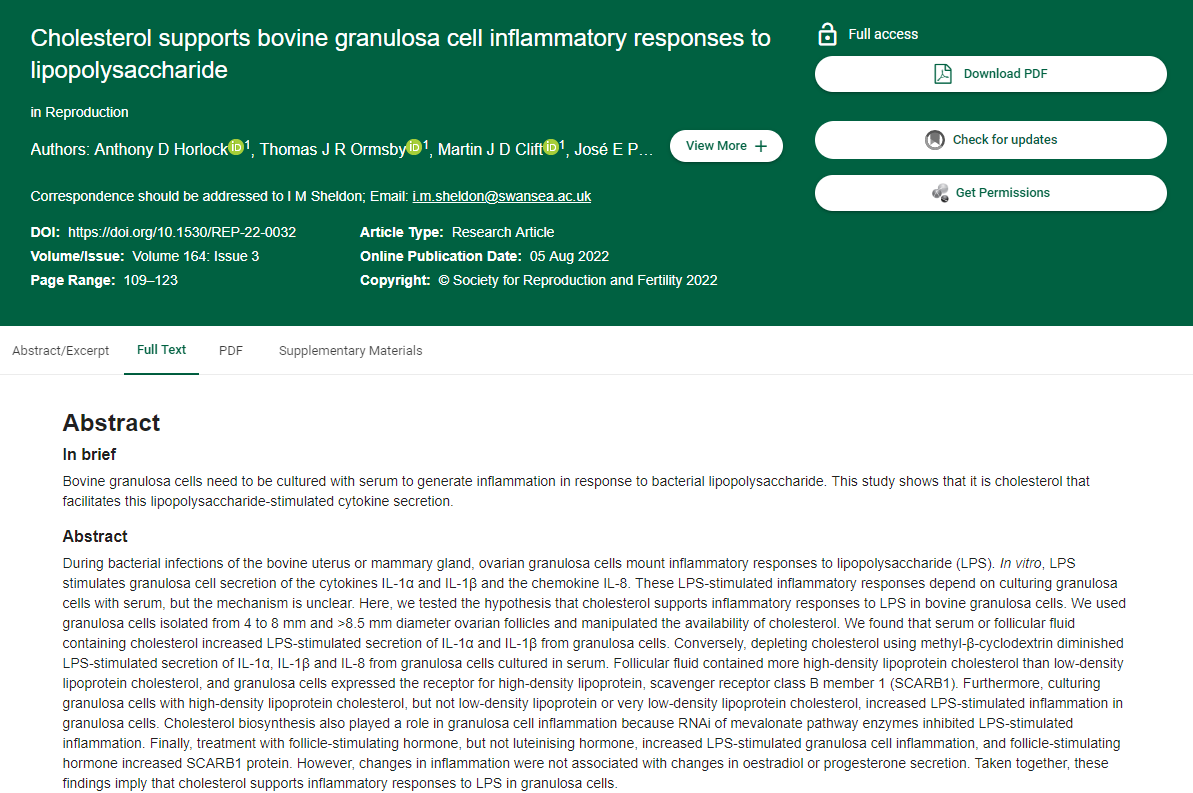 ReprodJournal's tweet photo. New research article published: 'Cholesterol supports bovine granulosa cell inflammatory responses to lipopolysaccharide', by Anthony D Horlock et al. https://t.co/dyOyrtTws1 @SwanseaUni https://t.co/elOfUi8CWG