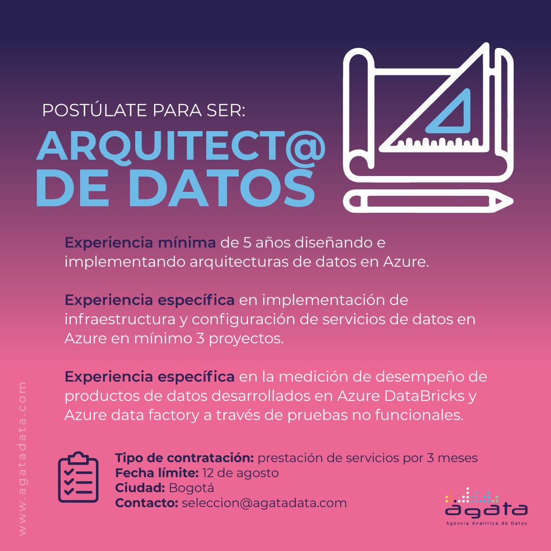 agatadata's tweet photo. En Ágata estamos en busca de un arquitect@ de datos para ser parte de la cultura inteligente y transformación digital por medio de datos.
#welivedata
#TrabajoSiHay
#TrabajaConNosotros https://t.co/0BtRqVO7TI