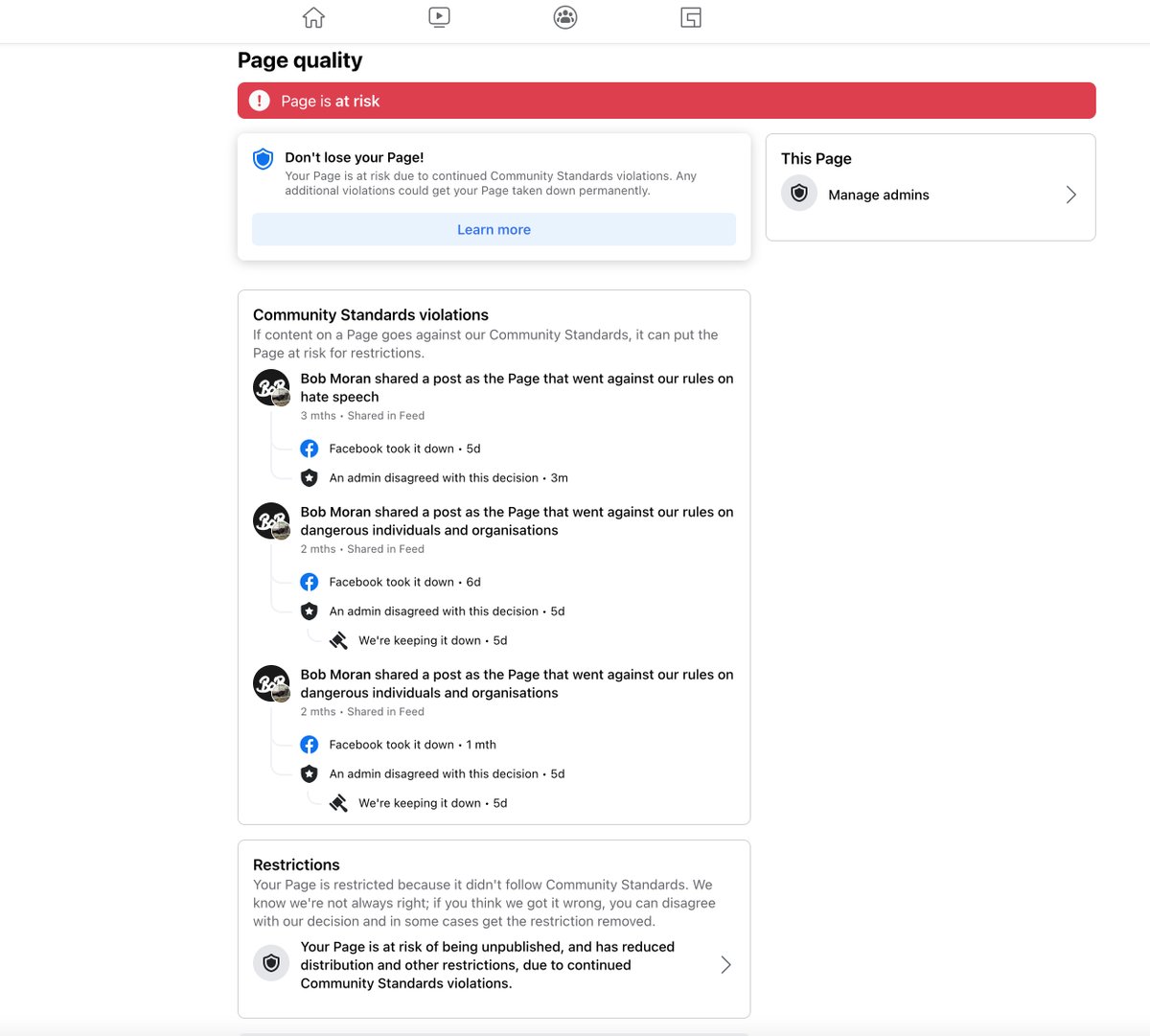 Facebook are trying to shut me down. All of these 'violations' refer to cartoons depicting Justin Trudeau in black face - you know, like actually happened several times in real life. 
Beyond Orwellian.
<a href="/TDF_Can/">The Democracy Fund</a>