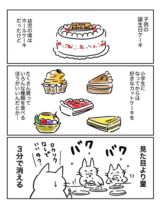 誕生日ケーキ、今年は多めに買いすぎて冷蔵に残ってる🎂 でもカットケーキは楽しい! 