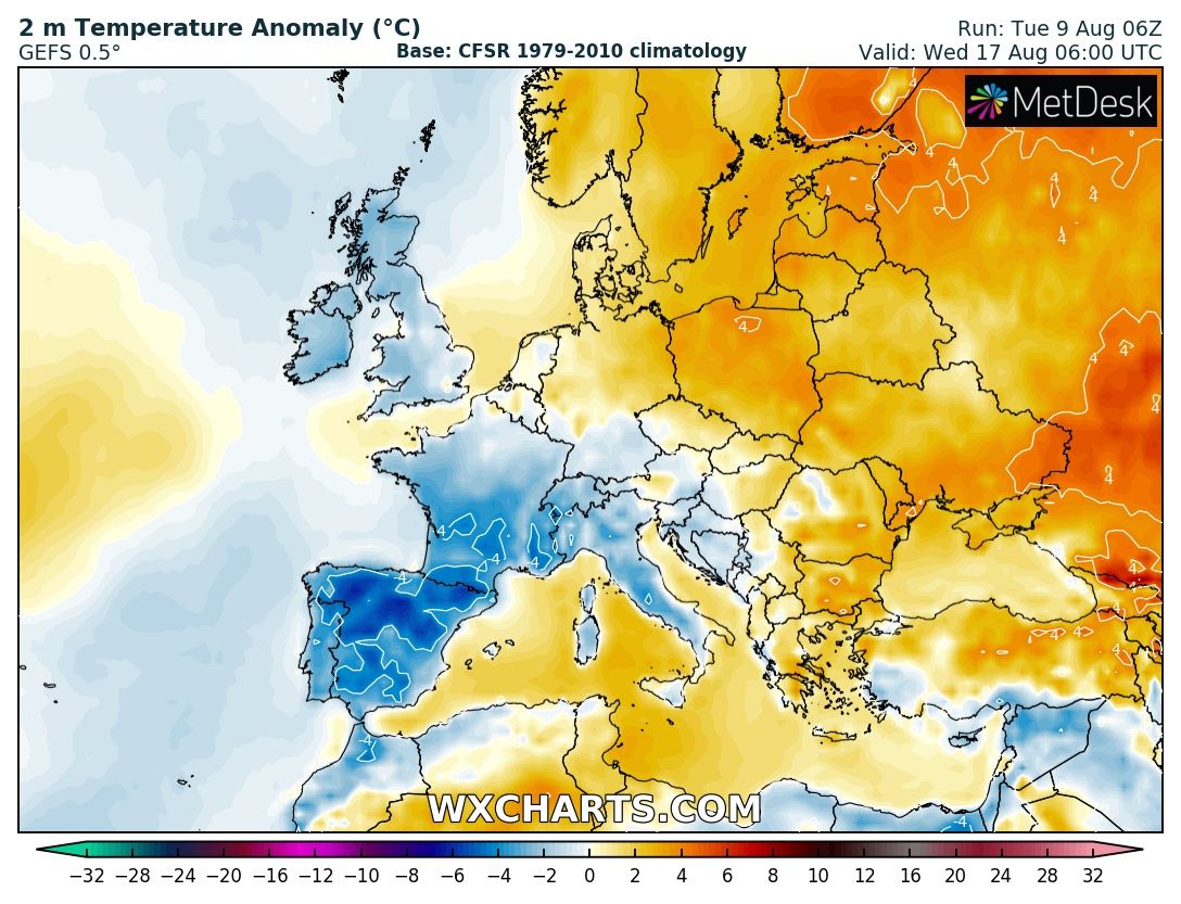 Agafa forma el canvi de temps de cara a la pròxima setmana. Feia molt de temps que no veia un mapa amb anomalies de temperatura negatives a Catalunya com aquest que es preveu pel dia 17. El canvi de masses d'aire vindria acompanyat de xàfecs i tempestes extenses.