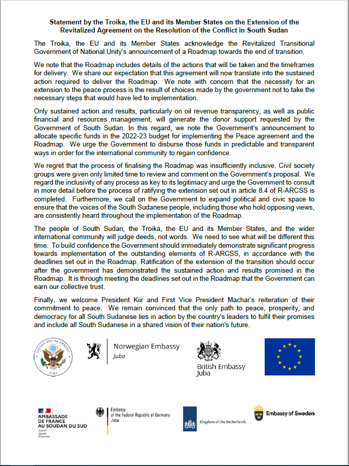 UKinSouthSudan's tweet photo. Statement by the Troika, the EU, and its Member States on the Extension of the Revitalized Agreement on the Resolution of the Conflict in South Sudan https://t.co/lxrfJxRPXi