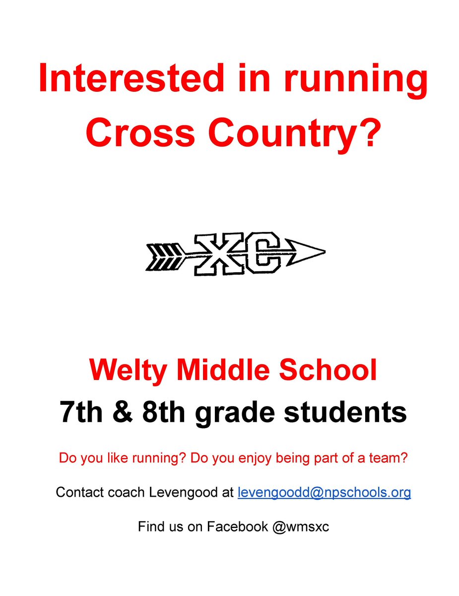 NPCitySchools's tweet photo. Attention 7th &amp; 8th Grade Students!!
Do you have an interest in running Cross Country?
Check out the flyer and get a hold of Coach Levengood at levengoodd@npschools.org
#ExperienceNP  #NPCommUNITY #Quakerpride #teamworkNP https://t.co/zCFmBbuNGo