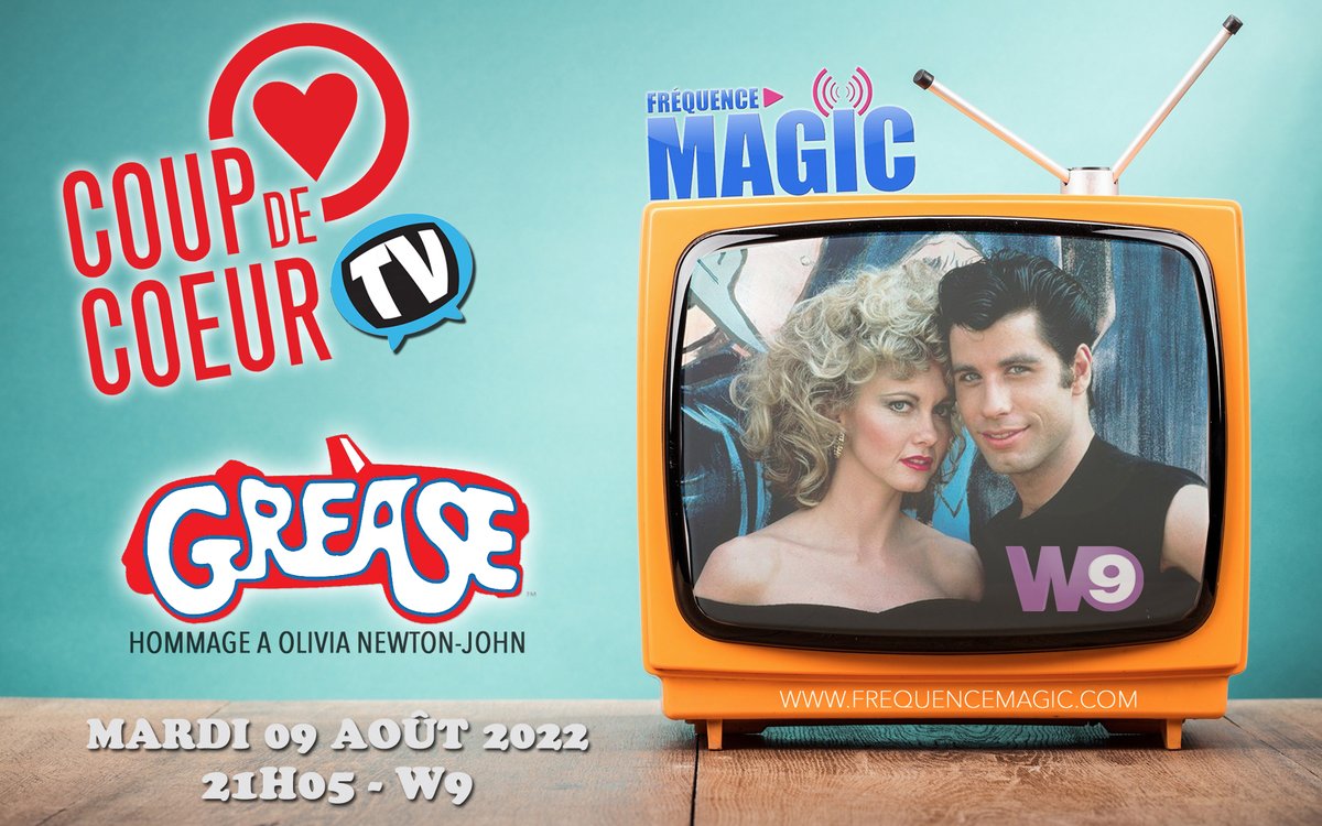MagicFrequence's tweet photo. ATTENTION: Ce soir la chaine @W9 bouscule ses programmes et diffusera dès 21h05 le film #Grease en hommage à l'actrice et chanteuse #OliviaNewtonJohn.
https://t.co/IYcnd9yDvu
#FrequenceMagic
#Magic #Radio #OnAir #live
#Summer #johnTravolta #hommage #RIP #W9 #deprogrammation https://t.co/Wzgtlnwy5N