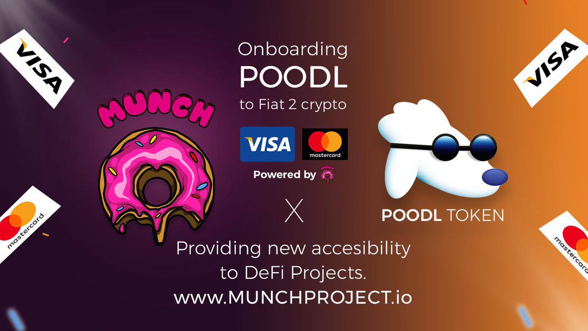 POODLCHAIN's tweet photo. At $POODL we have more news items than there are days of the week 🌞 

Today we announce a collab with @MunchToken which allows FIAT to Crypto purchases via our website, to add to the MANY ways you can buy our #binance #DeFi #bsc #BinanceSmartChain #crypto

We are just warming up https://t.co/y0lzHIPbOP