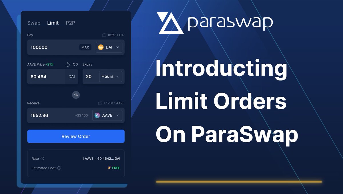 The Multichain Limit Orders Protocol is now available on ParaSwap 🚀

app.paraswap.io/#/limit

Unlocking multichain token and NFT trading strategies with the highest gas efficiency 🔥

paraswap.medium.com/paraswap-intro…

1/6