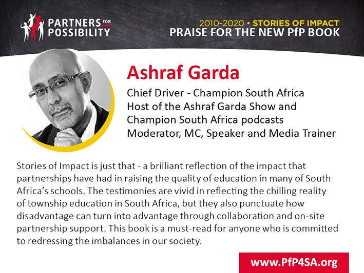 PfP4SA's tweet photo. “Stories of impact is just that – a brilliant reflection of the impact that partnerships have had in raising the quality of education in many South Africa’s schools.” Ashraf Garda 
#PfPBook

@AshrafGarda @ChampionSAfrica https://t.co/wMTLsRTEsp